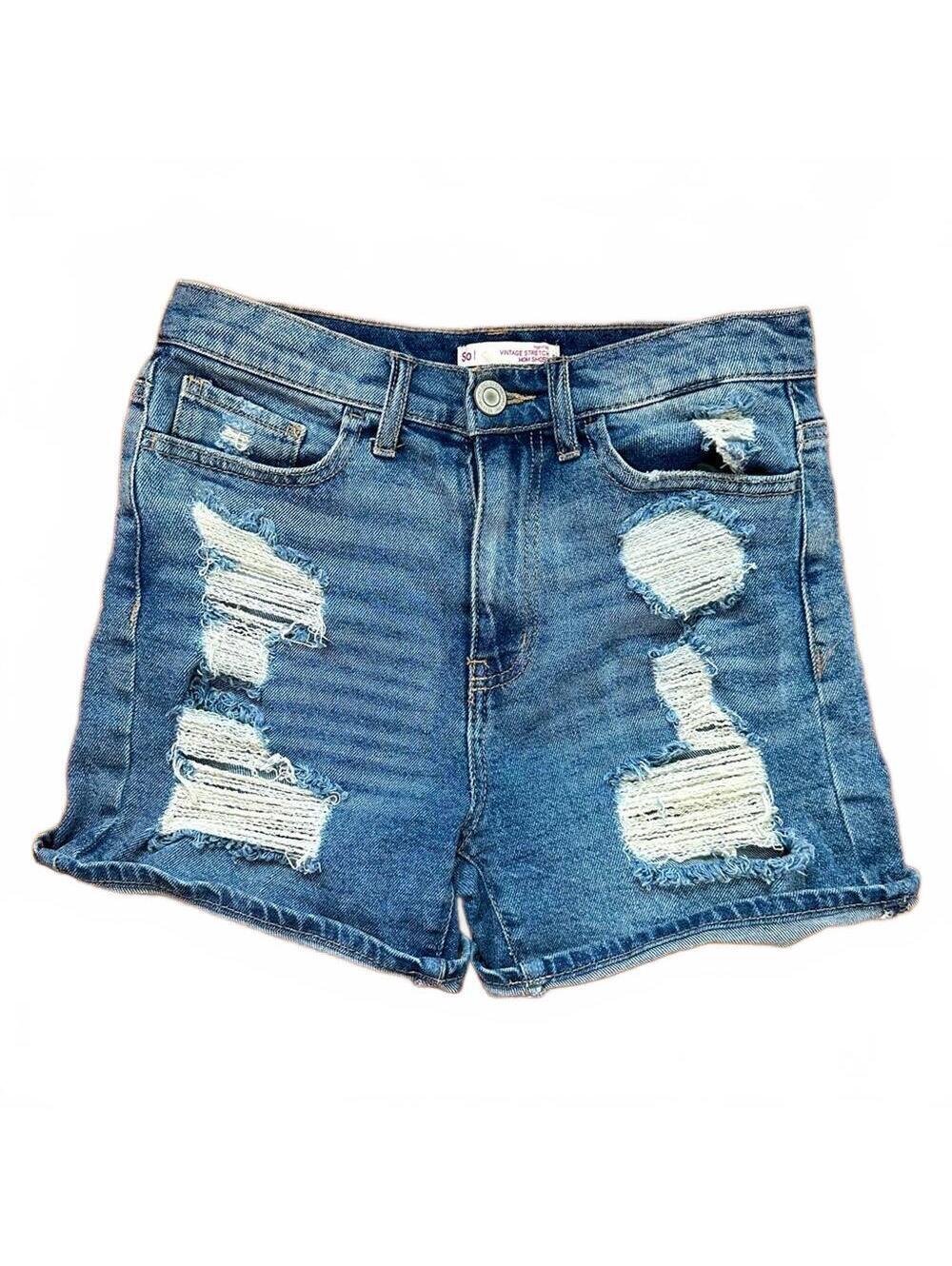 SO Medium Destroy High Rise Mom Shorts, Size 5, Blue Distressed Denim